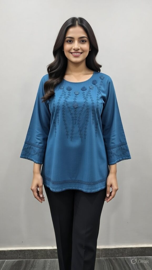 Lucknowi Chikankari Teal Rayon Tunic – Embroidered Shrijaa Top SHT-2026