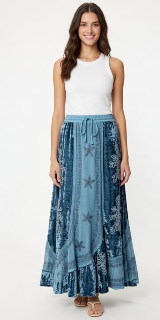SHRIJAA Women’s Rayon-Viscose Embroidered Velvet-Touch Maxi Skirt