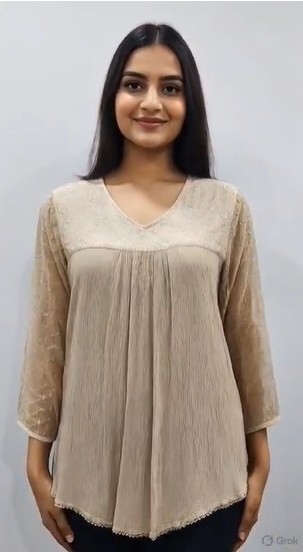 Designer Top Women Georgette Schiffli Embroidered V-Neck Tunic – SHT-2025