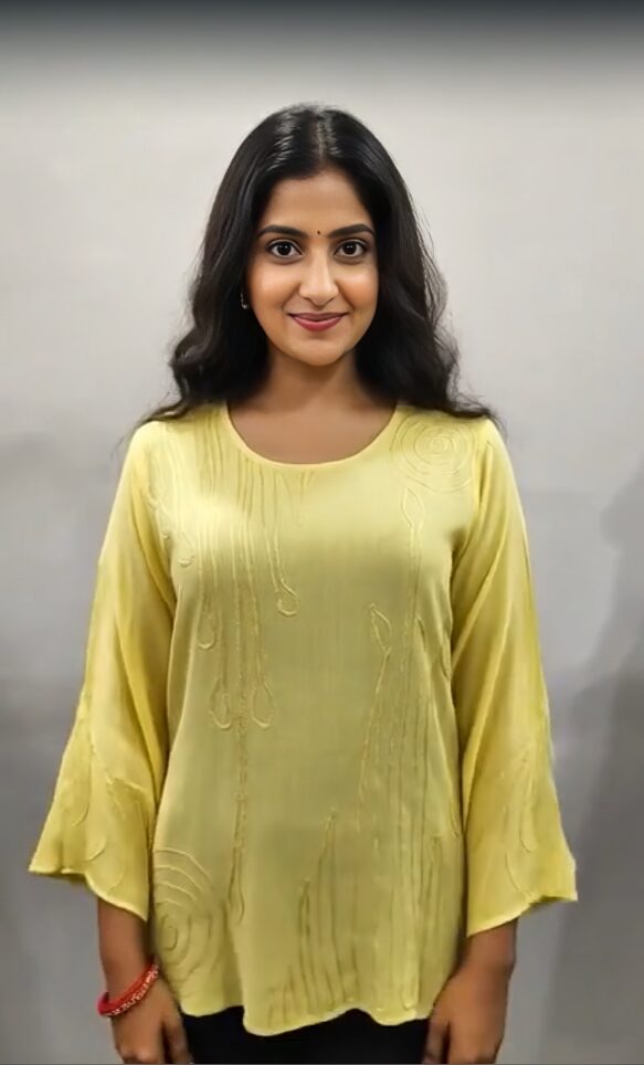 Womens Designer Top – Yellow Aari Embroidered Bell Sleeve – SHT-2024