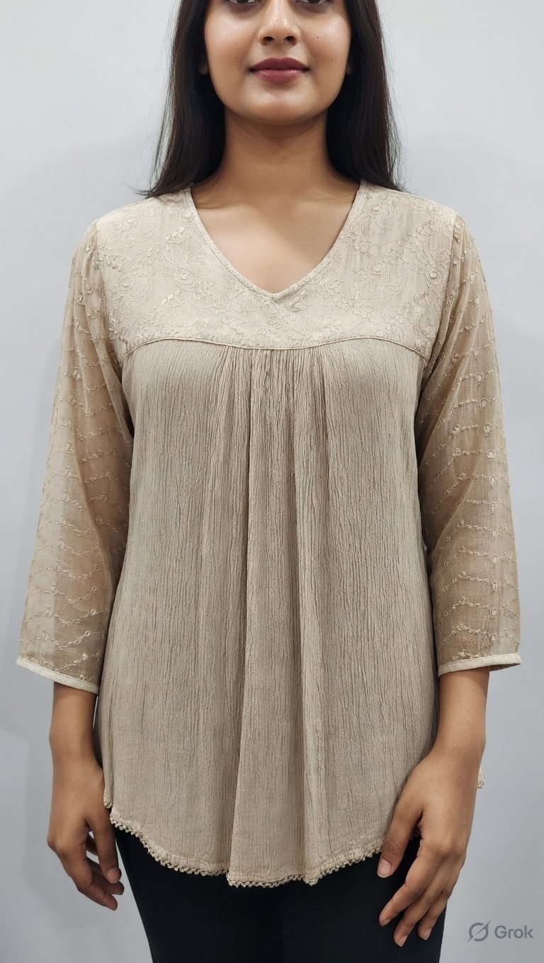 Designer Top Women Georgette Schiffli Embroidered V-Neck Tunic
