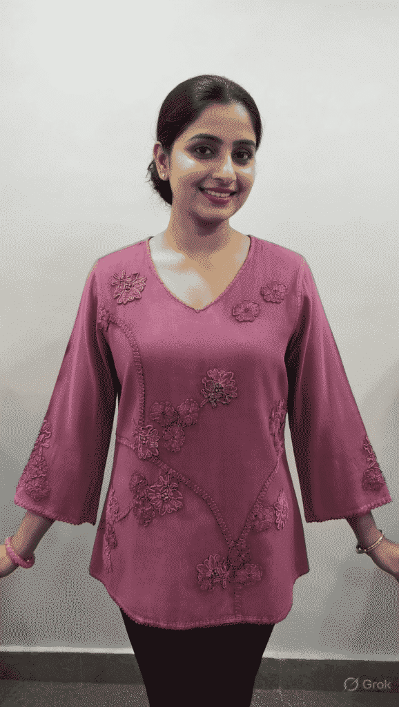 Mauve Floral Applique Tunic Tops for Womens Rayon V-Neck Flare Sleeves Shrijaa – SHT-2027