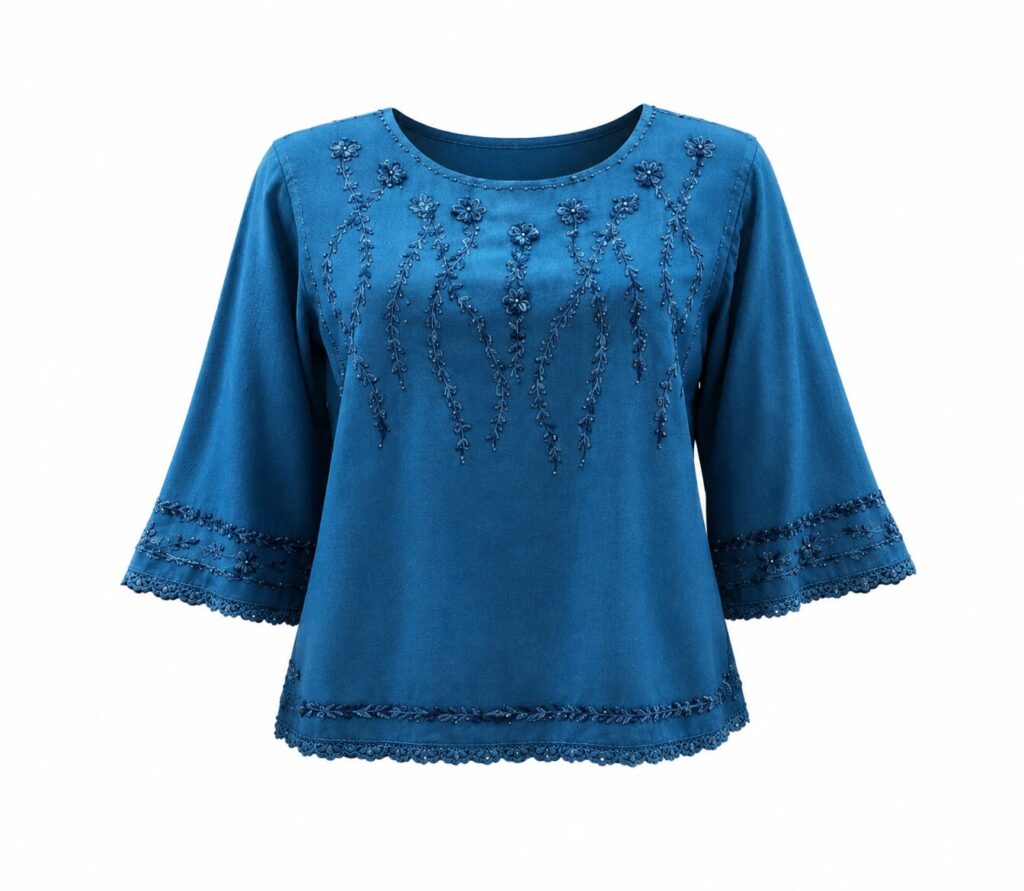 Women’s 100% Rayon Chikankari Embroidered Top with Lace  Denim SHT-2040